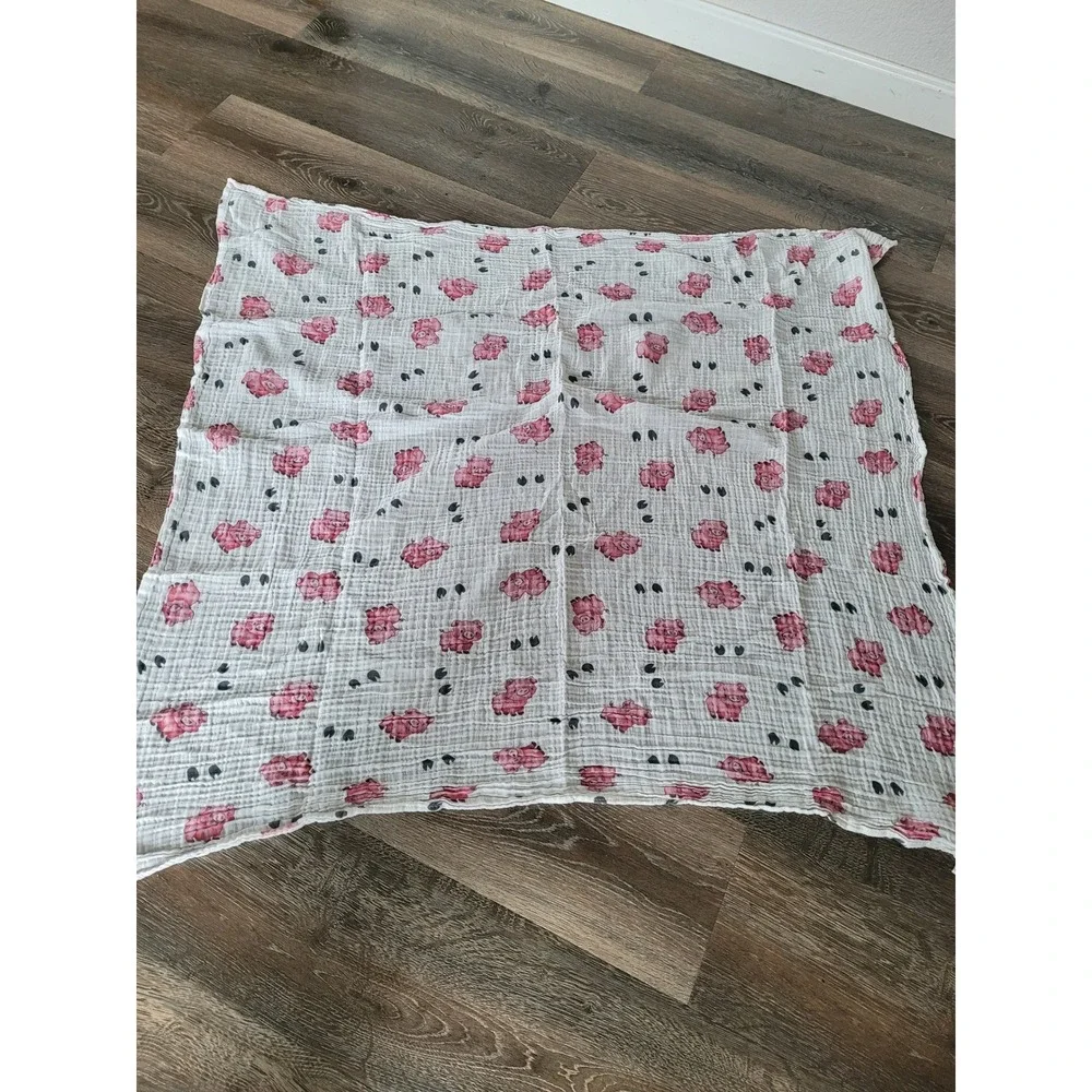 LollyBanks Cotton Muslin Swaddle Blanket Pink Pig Farm Animal Print White #7